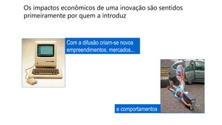 Os impactos econômicos de uma inovação são sentidos
primeiramente por quem a introduz
Com a difusão criam-se novos
empreendimentos, mercados...
e comportamentos
 
