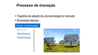 Processo de inovação
 Trajetória de adoção de uma tecnologia no mercado
 Dimensões básicas:
Fatores condicionantes
Técnicos
Econômicos
Institucionais
 