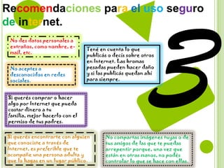 Recomendaciones para el uso seguro
de internet.
No des datos personales a
extraños, como nombre, email, etc.
No aceptes a
desconocidos en redes
sociales.

Tené en cuenta lo que
publicás o decís sobre otros
en Internet. Las bromas
pesadas pueden hacer daño
y si las publicás quedan ahí
para siempre.

Si querés comprar o hacer
algo por Internet que pueda
costar dinero a tu
familia, mejor hacerlo con el
permiso de tus padres.
Si querés encontrarte con alguien
que conociste a través de
Internet, es preferible que te
acompañe una persona adulta y
que lo hagas en un lugar público.

No compartas imágenes tuyas o de
tus amigos de las que te puedas
arrepentir porque, una vez que
están en otras manos, no podés
controlar lo que se hace con ellas.

 