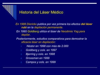 Parámetros Físicos del LáserLa luz Laser es una forma de energía.	 Esta energía viene representada en Joules (J). La potencia de un Laser viene expresada en vatios (W),	Representa la cantidad de energía emitida en Joules por segundo.	Un vatio de potencia es equivalente a un Joule de energía emitida en un segundo.Potencia (W) = Energía (J) / Tiempo (seg.)El Laser puede ser activado en forma pulsada. Estos pulsos se producen en unidades de tiempo.	 Este parámetro se mide en pulsos por segundo: p.p.s.La frecuencia de las pulsaciones viene representada en Hertz.Frecuencia: ciclo por segundo. Hertz (Hz.)