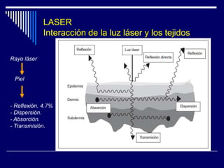 Parámetros Físicos del LáserSpot: El tamaño del punto luminoso, o punto focal, representa el área de energía del Laser que se aplica al material que sirve de blanco. Se mide en centímetros cuadrados (cm2); también se expresa en términos del diámetro del área circular en micrones (µ).Spot o tamaño del punto luminoso: (cm2) o (µ)Densidad de la potencia es la variable más importante en la determinación del efecto que un Laser tiene sobre el material irradiado. 	Se calcula como la potencia, expresada en vatios (W), dividida por el tamaño del punto luminoso en centímetros cuadrados (cm2)Densidad de potencia = Potencia (W) / tamaño del punto luminoso (cm2) 