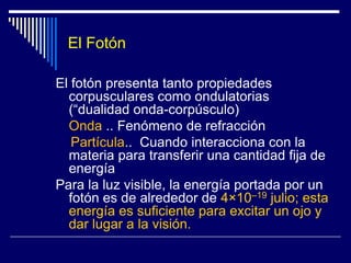 El FotónEl fotón presenta tanto propiedades corpusculares como ondulatorias (“dualidad onda-corpúsculo)Onda .. Fenómeno de refracciónPartícula..  Cuando interacciona con la materia para transferir una cantidad fija de energía Para la luz visible, la energía portada por un fotón es de alrededor de 4×10–19 julio; esta energía es suficiente para excitar un ojo y dar lugar a la visión.