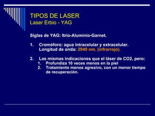 LASER - Mecanismos de Acción Fototermólisis SelectivaFraccionamiento de la energía necesaria para lesionar el blanco (  joules/cm2 ) en pulsos (2-3) con intervalos de descansoPermite que la epidermis se enfríe y evita su lesión. 