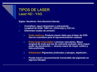 Fototermólisis SelectivaEstructuras pigmentadasMicrofragmentacíón:En las lesiones pigmentarias dérmicas (tatuajes), se produce microfragmentación de los cromóforos (pigmentos exógenos) a moléculas    menores de 60 micrones. De esta forma se facilita que los microfragmentos pigmentarios sean fagocitados por los    macrófagos y eliminados de esta manera