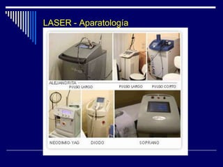 TIPOS DE LASERSegún la luz emitida Onda continua: Emiten de modo continuo con una potencia constantePulsados: La emisión es en picos breves de máxima energía. Los láseres Q-swiched producen pulsos muy cortos de muy elevada energía.