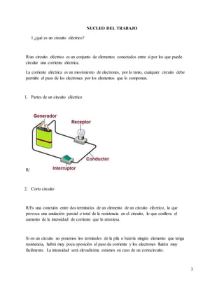 NUCLEO DEL TRABAJO
1.¿qué es un circuito eléctrico?
R/un circuito eléctrico es un conjunto de elementos conectados entre sí por los que puede
circular una corriente eléctrica.
La corriente eléctrica es un movimiento de electrones, por lo tanto, cualquier circuito debe
permitir el paso de los electrones por los elementos que lo componen.
1. Partes de un circuito eléctrico
R/
2. Corto circuito
R/Es una conexión entre dos terminales de un elemento de un circuito eléctrico, lo que
provoca una anulación parcial o total de la resistencia en el circuito, lo que conlleva el
aumento de la intensidad de corriente que lo atraviesa.
Si en un circuito no ponemos los terminales de la pila o batería ningún elemento que tenga
resistencia, habrá muy poca oposición al paso de corriente y los electrones fluirán muy
fácilmente. La intensidad será elevadísima estamos en caso de un cortocircuito.
3
 