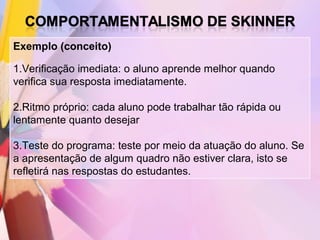 Exemplo (conceito)

1.Verificação imediata: o aluno aprende melhor quando
verifica sua resposta imediatamente.

2.Ritmo próprio: cada aluno pode trabalhar tão rápida ou
lentamente quanto desejar

3.Teste do programa: teste por meio da atuação do aluno. Se
a apresentação de algum quadro não estiver clara, isto se
refletirá nas respostas do estudantes.
 