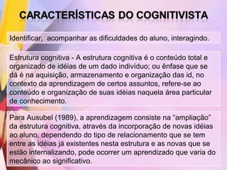 Identificar, acompanhar as dificuldades do aluno, interagindo.

Estrutura cognitiva - A estrutura cognitiva é o conteúdo total e
organizado de idéias de um dado indivíduo; ou ênfase que se
dá é na aquisição, armazenamento e organização das id, no
contexto da aprendizagem de certos assuntos, refere-se ao
conteúdo e organização de suas idéias naquela área particular
de conhecimento.

Para Ausubel (1989), a aprendizagem consiste na “ampliação”
da estrutura cognitiva, através da incorporação de novas idéias
ao aluno, dependendo do tipo de relacionamento que se tem
entre as idéias já existentes nesta estrutura e as novas que se
estão internalizando, pode ocorrer um aprendizado que varia do
mecânico ao significativo.
 
