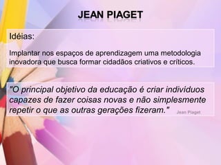 Idéias:
Implantar nos espaços de aprendizagem uma metodologia
inovadora que busca formar cidadãos criativos e críticos.


"O principal objetivo da educação é criar indivíduos
capazes de fazer coisas novas e não simplesmente
repetir o que as outras gerações fizeram." Jean Piaget
 