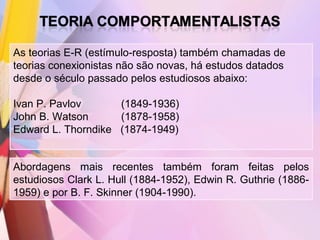 As teorias E-R (estímulo-resposta) também chamadas de
teorias conexionistas não são novas, há estudos datados
desde o século passado pelos estudiosos abaixo:

Ivan P. Pavlov      (1849-1936)
John B. Watson      (1878-1958)
Edward L. Thorndike (1874-1949)


Abordagens mais recentes também foram feitas pelos
estudiosos Clark L. Hull (1884-1952), Edwin R. Guthrie (1886-
1959) e por B. F. Skinner (1904-1990).
 