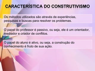 Os métodos utilizados são através de experiências,
pesquisas e buscas para resolver os problemas.

O papel do professor é passivo, ou seja, ele é um orientador,
mediador e criador de conflitos.

O papel do aluno é ativo, ou seja, a construção do
conhecimento é fruto de sua ação.
 