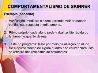 Exemplo (conceito)

1. Verificação imediata: o aluno aprende melhor quando
   verifica sua resposta imediatamente.

2. Ritmo próprio: cada aluno pode trabalhar tão rápida ou
   lentamente quanto desejar

3. Teste do programa: teste por meio da atuação do aluno.
   Se a apresentação de algum quadro não estiver clara, isto
   se refletirá nas respostas do estudantes.
 