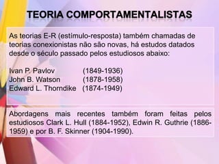 As teorias E-R (estímulo-resposta) também chamadas de
teorias conexionistas não são novas, há estudos datados
desde o século passado pelos estudiosos abaixo:

Ivan P. Pavlov      (1849-1936)
John B. Watson      (1878-1958)
Edward L. Thorndike (1874-1949)


Abordagens mais recentes também foram feitas pelos
estudiosos Clark L. Hull (1884-1952), Edwin R. Guthrie (1886-
1959) e por B. F. Skinner (1904-1990).
 
