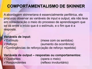 A abordagem skinneriana é essencialmente periférica, ela
procurou observar as variáveis de input e output, ela não leva
em consideração o meio do processo de aprendizagem que
se dá entre o início que é o estímulo, e o fim que é a
resposta.

Variáveis de input:
Estímulo                (mexe com os sentidos)
Reforço                 (aumento da ocorrência)
Contingências de reforço(ação de reforço repetida)

Variáveis de output – respostas ou comportamentos:
Operantes               (opera o meio)
Respondentes            (reflexo involuntário)
 