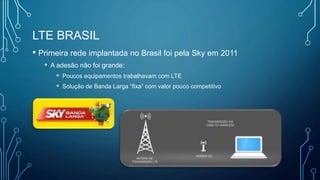 LTE BRASIL
• Primeira rede implantada no Brasil foi pela Sky em 2011
• A adesão não foi grande:
• Poucos equipamentos trabalhavam com LTE
• Solução de Banda Larga “fixa” com valor pouco competitivo
 