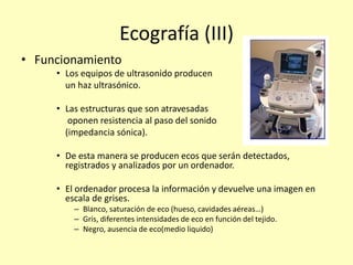 Ecografía (III)
• Funcionamiento
• Los equipos de ultrasonido producen
un haz ultrasónico.
• Las estructuras que son atravesadas
oponen resistencia al paso del sonido
(impedancia sónica).
• De esta manera se producen ecos que serán detectados,
registrados y analizados por un ordenador.
• El ordenador procesa la información y devuelve una imagen en
escala de grises.
– Blanco, saturación de eco (hueso, cavidades aéreas…)
– Gris, diferentes intensidades de eco en función del tejido.
– Negro, ausencia de eco(medio liquido)
 