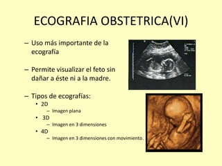 ECOGRAFIA OBSTETRICA(VI)
– Uso más importante de la
ecografía
– Permite visualizar el feto sin
dañar a éste ni a la madre.
– Tipos de ecografías:
• 2D
– Imagen plana
• 3D
– Imagen en 3 dimensiones
• 4D
– Imagen en 3 dimensiones con movimiento.
 