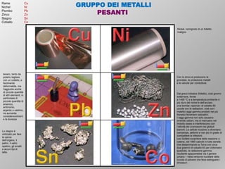 GRUPPO DEI METALLI
PESANTI
Nickel, nomignolo di un folletto
maligno
tenero, tanto da
poterlo tagliare
con un coltello, e
facilmente
deformabile, ma
l'aggiunta anche
di piccole quantità
di altri elementi, in
particolare di
piccole quantità di
arsenico,
antimonio,
argento o cadmio,
ne aumenta
considerevolment
e la durezza
Con lo zinco si producono le
grondaie, le protezione metalli
e le valvole per condutture.
Lo stagno è
utilizzato per fare
le canne
dell’organo, il
peltro, il vetro
opalino, gli smalti
e alcuni tipi di
latta.
Dal greco kòbalos (folletto), cioè gnomo
sotterrane, fonde
a 1495 ºC e a temperatura ambiente è
più duro del nichel e dell'acciaio.
una bomba «sporca» al cobalto 60
uccide con le radiazioni, cioè con i
malefici raggi gamma prodotti nei più
frenetici fenomeni radioattivi.
I raggi gamma non solo causano
orrende ustioni, ma si insinuano nel
midollo osseo e interferiscono con
l’attività dei cromosomi nei globuli
bianchi. Le cellule muoiono o diventano
cancerose, deformi e non più in grado di
combattere le infezioni.
Leo Szilàrd scopritore della reazione a
catena, nel 1950 calcolò in tutta serietà
che disseminando la Terra con circa
due grammi di cobalto 60 per chilometro
quadrato, la radiazione gamma
risultante spazzerebbe via il genere
umano – nella versione nucleare della
nuvola di polvere che fece estinguere i
dinosauri.
Rame Cu
Nichel Ni
Piombo Pb
Zinco Zn
Stagno Sn
Cobalto Co
 