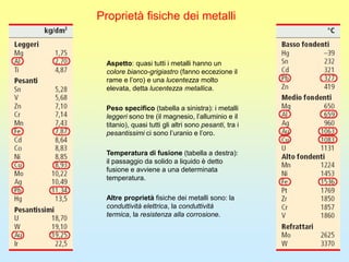 Proprietà fisiche dei metalli
Aspetto: quasi tutti i metalli hanno un
colore bianco-grigiastro (fanno eccezione il
rame e l’oro) e una lucentezza molto
elevata, detta lucentezza metallica.
Peso specifico (tabella a sinistra): i metalli
leggeri sono tre (il magnesio, l’alluminio e il
titanio), quasi tutti gli altri sono pesanti, tra i
pesantissimi ci sono l’uranio e l’oro.
Temperatura di fusione (tabella a destra):
il passaggio da solido a liquido è detto
fusione e avviene a una determinata
temperatura.
Altre proprietà fisiche dei metalli sono: la
conduttività elettrica, la conduttività
termica, la resistenza alla corrosione.
 