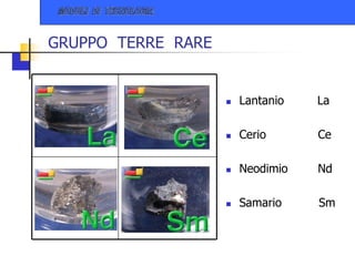 GRUPPO TERRE RARE
 Lantanio La
 Cerio Ce
 Neodimio Nd
 Samario Sm
 