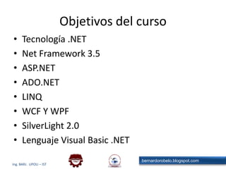 Objetivos del cursoTecnología .NETNet Framework 3.5ASP.NETADO.NETLINQWCF Y WPFSilverLight 2.0Lenguaje Visual Basic .NET