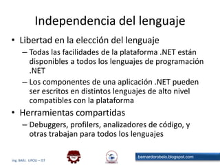 Modelo de Ejecución del CLRCódigoFuenteVB.NETC++.NETC#ComponenteNo ManejadoCompilador VB.NETCompiladorC#CompiladorC++ .NETCódigo ManejadoAssemblyCódigo MSILAssemblyCódigo MSILAssemblyCódigo MSILCommon Language RuntimeCompilador JITCódigo NativoSistema Operativo (Windows)