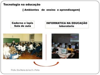 Tecnologia na educação [ Ambientes   de  ensino  e aprendizagem]   Caderno e lapisSala de aulaINFORMATICA NA EDUCAÇÃOlaboratorioProfa. Dra Maria de los D J Peña