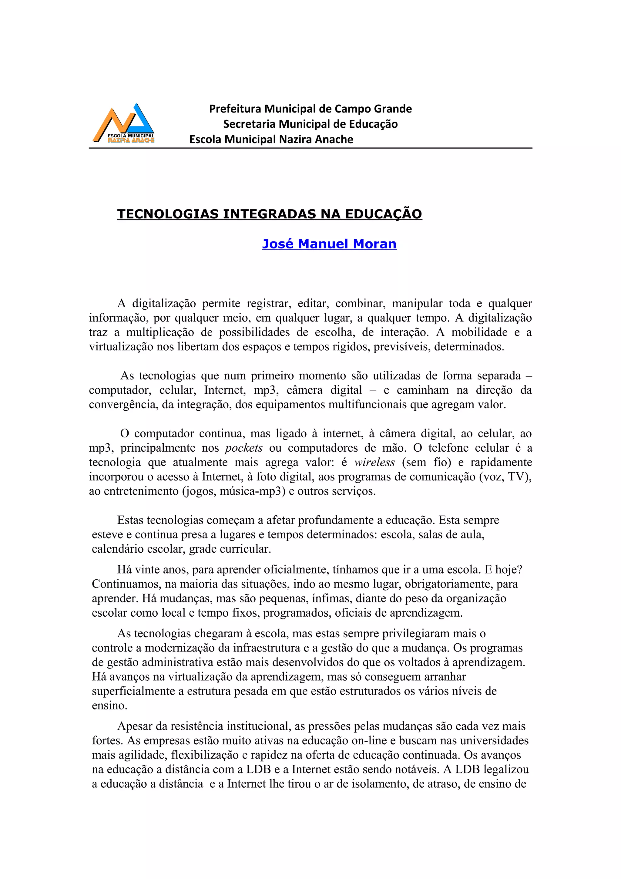 Tecnologia na educação texto para leitura sobre informatica | DOC