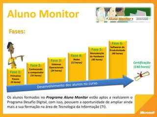 Aluno Monitor
Fases:
                                                                       Fase 6:
                                                                      Softwares de
                                                         Fase 5:      Produtividade
                                                        Manutenção      (40 horas)
                                           Fase 4:      de Hardware
                                             Redes       (40 horas)
                             Fase 3:
                              Sistemas
                                           (12 horas)                                 Certificação
              Fase 2:       Operacionais                                              (140 horas)
              Conhecendo
                             (24 horas)
 Fase 1:     o computador
 Primeiros     (16 horas)
  Passos
 (8 horas)




Os alunos formados no Programa Aluno Monitor estão aptos a realizarem o
Programa Desafio Digital, com isso, possuem a oportunidade de ampliar ainda
mais a sua formação na área de Tecnologia da Informação (TI).
 