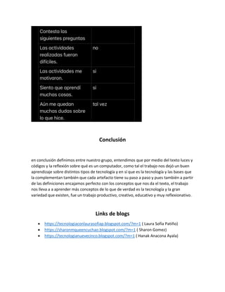Conclusión
en conclusión definimos entre nuestro grupo, entendimos que por medio del texto luces y
códigos y la reflexión sobre qué es un computador, como tal el trabajo nos dejó un buen
aprendizaje sobre distintos tipos de tecnología y en sí que es la tecnología y las bases que
la complementan también que cada artefacto tiene su paso a paso y pues también a partir
de las definiciones encajamos perfecto con los conceptos que nos da el texto, el trabajo
nos lleva a a aprender más conceptos de lo que de verdad es la tecnología y la gran
variedad que existen, fue un trabajo productivo, creativo, educativo y muy reflexionativo.
Links de blogs
 https://tecnologiaconlaurasofiap.blogspot.com/?m=1 ( Laura Sofía Patiño)
 https://sharonmqueencuchao.blogspot.com/?m=1 ( Sharon Gomez)
 https://tecnologianuevecinco.blogspot.com/?m=1 ( Hanak Anacona Ayala)
 