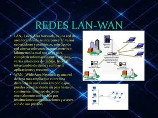 REDES LAN-WAN
 LAN.- Local Área Network, es una red de
área local donde se interconectan varios
ordenadores y periféricos, este tipo de
red abarca solo unos cuantos metros o
kilómetros la cual nos sirve para
compartir información entre oficinas,
varias estaciones de trabajo, hacer el
intercambio de datos y compartir
aplicaciones y recursos.
 WAN.- Wide Área Network, es una red
de área mas amplía que cubre una
distancia de 100 a 1000 km por lo que
puedes conectar desde un país hasta un
continente. Este tipo de redes
normalmente son hechas por
instituciones u organizaciones y a veces
son de uso privado.
 