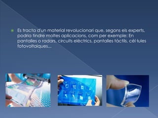    Es tracta d'un material revolucionari que, segons els experts,
    podria tindre moltes aplicacions, com per exemple: En
    pantalles o radars, circuits elèctrics, pantalles tàctils, cèl·lules
    fotovoltaiques...
 