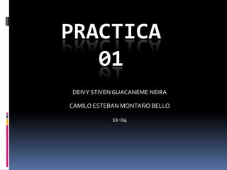 PRACTICA
   01
DEIVY STIVEN GUACANEME NEIRA

CAMILO ESTEBAN MONTAÑO BELLO

            11-04
 