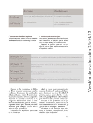 17
3.Determinacióndelosobjetivos
Propósitos que se desean alcanzar. Se esta-
blecen en función de la misión y la visión.
Cuando se ha completado el FODA
se deben proponer soluciones para los
problemas detectados. Las debilidades
deben dar lugar a planes de acción loca-
les, mientras que las dificultades pueden
incluirse en acciones nacionales o en
programas de inversión (como la cons-
trucción de carreteras, presas, etcétera),
o pueden servir para ejercer presiones
políticas (por ejemplo, cuando faltan
leyes de salud adecuadas).
Respondan las siguientes preguntas
en su cuaderno:
¿Qué se puede hacer para potenciar
nuestras fortalezas?, ¿qué se debe hacer
para disminuir nuestras debilidades?,
¿cómo podemos aprovechar las oportu-
nidades?, ¿qué podrían o deberían hacer
para neutralizar las posibles amenazas?
Piensen en un problema actual que
enfrenta la comunidad, en sus causas, en
sus consecuencias si no se resuelve, y
¿qué se podría hacer para resolverlo?
Elaboren en el pizarrón una tabla
como la siguiente y completen la infor-
mación. Sigan el ejemplo.
Amenazas Oportunidades
Fortalezas
¿Cómo usar las fortalezas para defenderse? Principales posibilidades
Debilidades
Alto nivel de riesgo ¿Dejar probablemente estas
oportunidades a otros?
Estrategia FO
(Fortalezas-Oportunidades)
Reconocer las fortalezas internas para aprovechar las oportunidades externas.
Estrategia FA
(Fortalezas-Amenazas)
Disminuir al mínimo el impacto de las amenazas del entorno, valiéndose
de las fortalezas.
Estrategia DA
(Debilidades-Amenazas)
Disminuir las debilidades y neutralizar las amenazas mediante
acciones defensivas.
Estrategia DO
(Debilidades-Oportunidades)
Mejorar las debilidades internas aprovechando las oportunidades externas.
4.Formulacióndeestrategias
Esteanálisispermiteconocerlascapacidades
de la comunidad, lo que hará que los esfuer-
zos y recursos se usen de la mejor manera.
Después se podrán construir estrate-
gias de cuatro tipos, según se muestra en
el siguiente cuadro.
Versióndeevaluación23/04/12
 