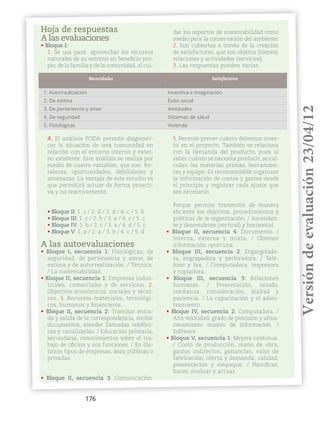 176
Hoja de respuestas
A las evaluaciones
• Bloque I:
1. Se usa para aprovechar los recursos
naturales de su entorno en beneficio pro-
pio, de la familia y de la comunidad, al cui-
dar los aspectos de sustentabilidad como
medio para la conservación del ambiente.
2. Son cubiertas a través de la creación
de satisfactores, que son objetos (bienes),
relaciones y actividades (servicios).
3. Las respuestas pueden variar.
Necesidades Satisfactores
1. Autorrealización Inventiva e imaginación
2. De estima Éxito social
3. De pertenencia y amor Amistades
4. De seguridad Sistemas de salud
5. Fisiológicas Vivienda
4. El análisis FODA permite diagnosti-
car la situación de una comunidad en
relación con el entorno interno y exter-
no existente. Este análisis se realiza por
medio de cuatro variables, que son: for-
talezas, oportunidades, debilidades y
amenazas. La ventaja de este estudio es
que permitirá actuar de forma proacti-
va y no reactivamente.
5. Permite prever cuánto debemos inver-
tir en el proyecto. También se relaciona
con la demanda del producto, pues al
saber cuánto se necesita producir, se cal-
culan las materias primas, herramien-
tas y equipo. Es recomendable organizar
la información de costos y gastos desde
el principio y registrar cada ajuste que
sea necesario.
• Bloque II: 1. c / 2. d / 3. d / 4. c / 5. b
• Bloque III: 1. c / 2. b / 3. a / 4. c / 5. c
• Bloque IV: 1. b / 2. c / 3. a / 4. d / 5. c
• Bloque V: 1. a / 2. a / 3. b / 4. c / 5. d
A las autoevaluaciones
• Bloque I, secuencia 1: Fisiológicas, de
seguridad, de pertenencia y amor, de
estima y de autorrealización. / Técnica.
/ La sustentabilidad.
• Bloque II, secuencia 1: Empresas indus-
triales, comerciales y de servicios. 2.
Objetivos económicos, sociales y técni-
cos. 3. Recursos materiales, tecnológi-
cos, humanos y financieros.
• Bloque II, secuencia 2: Tramitar entra-
da y salida de la correspondencia, recibir
documentos, atender llamadas telefóni-
cas y canalizarlas. / Educación primaria,
secundaria, conocimientos sobre el tra-
bajo de oficina y sus funciones. / En dis-
tintos tipos de empresas, sean públicas o
privadas.
• Bloque II, secuencia 3: Comunicación.
Porque permite transmitir de manera
eficiente los objetivos, procedimientos y
políticas de la organización. / Ascenden-
te y descendente (vertical) y horizontal.
• Bloque II, secuencia 4: Documento. /
Interna, externa y mixta. / Obtener
información oportuna.
• Bloque III, secuencia 2: Engargolado-
ra, engrapadora y perforadora. / Telé-
fono y fax. / Computadora, impresora
y copiadora.
• Bloque III, secuencia 3: Relaciones
humanas. / Presentación, saludo,
confianza, consideración, lealtad y
paciencia. / La capacitación y el adies-
tramiento.
• Bloque IV, secuencia 2: Computadora. /
Alta velocidad, grado de precisión y alma-
cenamiento masivo de información. /
Software.
• Bloque V, secuencia 1: Mejora continua.
/ Costo de producción, mano de obra,
gastos indirectos, ganancias, valor de
fabricación, oferta y demanda, calidad,
presentación y empaque. / Planificar,
hacer, evaluar y actuar.
Versióndeevaluación23/04/12
 