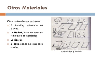 Otros Materiales
Otros materiales usados fueron :
 El Ladrillo, sobretodo en
España
 La Madera, para cubiertas de
templos no abovedados)
 La Pizarra
 El Barro cocido en tejas para
tejados
Tipos de Tejas y Ladrillos
 