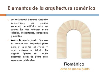Elementos de la arquitectura románica
 Los arquitectos del arte románico
construyeron una amplia
variedad de edificios entre los
cuales, los más comunes eran:
iglesias, monasterios, catedrales
y castillos.
 Arcos de medio punto. Este era
el método más empleado para
generar grandes aberturas y
para sostener el tejado. En
algunas iglesias se pueden
encontrar arcos de punto pero
son menos habituales.
 