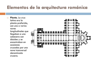 Elementos de la arquitectura románica
 Planta. La cruz
latina era la
planta preferida,
con una o varias
naves
longitudinales que
llegaban a una
cabecera con
ábsides y se
encontraban en
ocasiones
cruzadas por una
nave transversal
denominada
crucero.
 