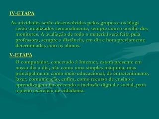 IV-ETAPAIV-ETAPA
As atividades serão desenvolvidas pelos grupos e os blogsAs atividades serão desenvolvidas pelos grupos e os blogs
serão atualizados semanalmente, sempre com o auxílio dosserão atualizados semanalmente, sempre com o auxílio dos
monitores. A avaliação de todo o material será feita pelamonitores. A avaliação de todo o material será feita pela
professora, sempre a distância, em dia e hora previamenteprofessora, sempre a distância, em dia e hora previamente
determinadas com os alunos.determinadas com os alunos.
V-ETAPAV-ETAPA
O computador, conectado à Internet, estará presente emO computador, conectado à Internet, estará presente em
nosso dia a dia, não como uma simples máquina, masnosso dia a dia, não como uma simples máquina, mas
principalmente como meio educacional, de entretenimento,principalmente como meio educacional, de entretenimento,
lazer, comunicação, enfim, como recurso de ensino elazer, comunicação, enfim, como recurso de ensino e
aprendizagem favorecendo a inclusão digital e social, paraaprendizagem favorecendo a inclusão digital e social, para
o pleno exercício de cidadania.o pleno exercício de cidadania.
 