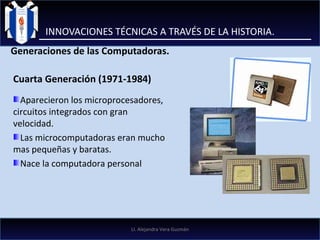 INNOVACIONES TÉCNICAS A TRAVÉS DE LA HISTORIA. Generaciones de las Computadoras. Cuarta Generación (1971-1984)   Aparecieron los microprocesadores, circuitos integrados con gran velocidad. Las microcomputadoras eran mucho mas pequeñas y baratas. Nace la computadora personal LI. Alejandra Vera Guzmán 