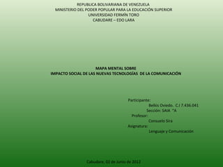 REPUBLICA BOLIVARIANA DE VENEZUELA
  MINISTERIO DEL PODER POPULAR PARA LA EDUCACIÓN SUPERIOR
                  UNIVERSIDAD FERMÍN TORO
                     CABUDARE – EDO LARA




                     MAPA MENTAL SOBRE
IMPACTO SOCIAL DE LAS NUEVAS TECNOLOGÍAS DE LA COMUNICACIÓN




                                      Participante:
                                                  Belkis Oviedo. C.I 7.436.041
                                                 Sección: SAIA “A
                                        Profesor:
                                                  Consuelo Sira
                                      Asignatura:
                                                  Lenguaje y Comunicación




                Cabudare, 02 de Junio de 2012
 