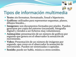 Tipos de información multimedia
 Texto: sin formatear, formateado, lineal e hipertexto.
 Gráficos: utilizados para representar esquemas, planos,
dibujos lineales...
 Imágenes: son documentos formados por píxeles. Pueden
generarse por copia del entorno (escaneado, fotografía
digital) y tienden a ser ficheros muy voluminosos.
 Animación: presentación de un número de gráficos por
segundo que genera en el observador la sensación de
movimiento.
 Vídeo: Presentación de un número de imágenes por
segundo, que crean en el observador la sensación de
movimiento. Pueden ser sintetizadas o captadas.
 Sonido: puede ser habla, música u otros sonidos.
 