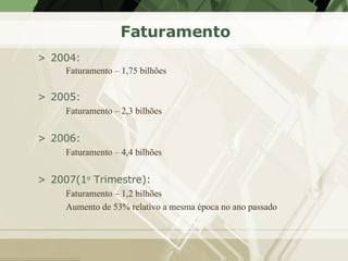 Faturamento <ul><li>2004: </li></ul><ul><ul><li>Faturamento – 1,75 bilhões </li></ul></ul><ul><li>2005: </li></ul><ul><ul>...