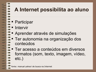 A Internet possibilita ao aluno Participar Intervir Aprender através de simulações Ter autonomia na organização dos conteúdos Ter acesso a conteúdos em diversos formatos (som, texto, imagem, vídeo, etc.) fonte: manual yahoo! de busca na Internet 