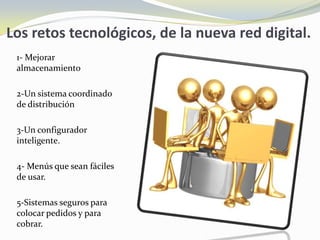 Los retos tecnológicos, de la nueva red digital.
 1- Mejorar
 almacenamiento

 2-Un sistema coordinado
 de distribución

 3-Un configurador
 inteligente.

 4- Menús que sean fáciles
 de usar.

 5-Sistemas seguros para
 colocar pedidos y para
 cobrar.
 