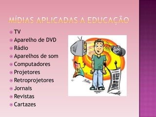 TV
 Aparelho   de DVD
 Rádio
 Aparelhos  de som
 Computadores
 Projetores
 Retroprojetores
 Jornais
 Revistas
 Cartazes
 