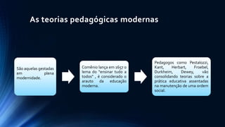 As teorias pedagógicas modernas
São aquelas gestadas
em plena
modernidade.
Comênio lança em 1657 o
lema do “ensinar tudo a
todos” , é considerado o
arauto da educação
moderna.
Pedagogos como Pestalozzi,
Kant, Herbart, Froebel,
Durkheim, Dewey, vão
consolidando teorias sobre a
prática educativa assentadas
na manutenção de uma ordem
social.
 