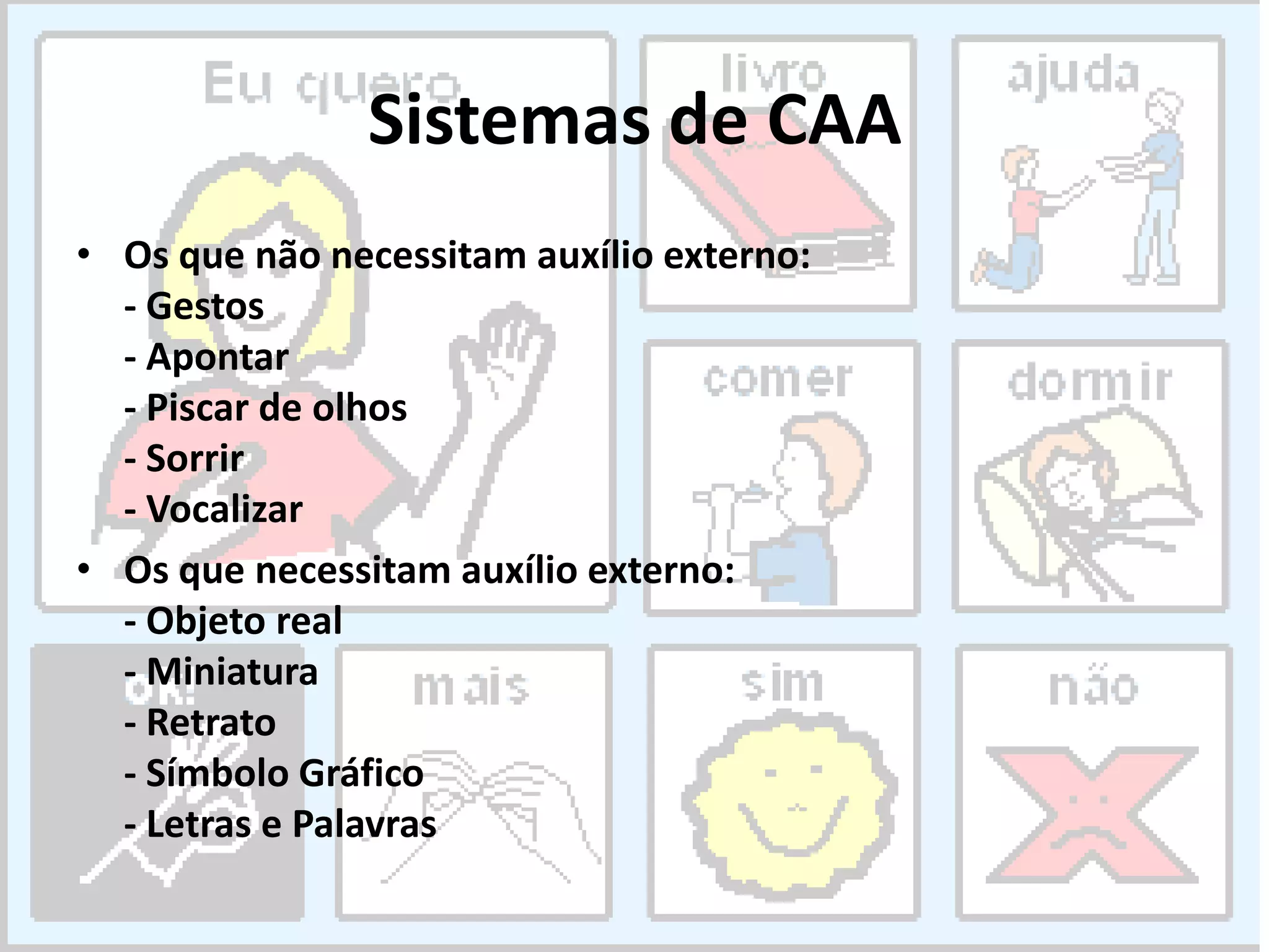 Sistemas de CAA
• Os que não necessitam auxílio externo:
  - Gestos
  - Apontar
  - Piscar de olhos
  - Sorrir
  - Vocalizar
• Os que necessitam auxílio externo:
  - Objeto real
  - Miniatura
  - Retrato
  - Símbolo Gráfico
  - Letras e Palavras
 