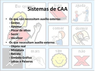 Sistemas de CAA
• Os que não necessitam auxílio externo:
  - Gestos
  - Apontar
  - Piscar de olhos
  - Sorrir
  - Vocaliz...