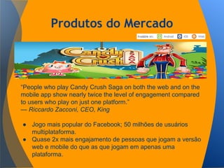 Produtos do Mercado
“People who play Candy Crush Saga on both the web and on the
mobile app show nearly twice the level of engagement compared
to users who play on just one platform.”
— Riccardo Zacconi, CEO, King
● Jogo mais popular do Facebook; 50 milhões de usuários
multiplataforma.
● Quase 2x mais engajamento de pessoas que jogam a versão
web e mobile do que as que jogam em apenas uma
plataforma.
 